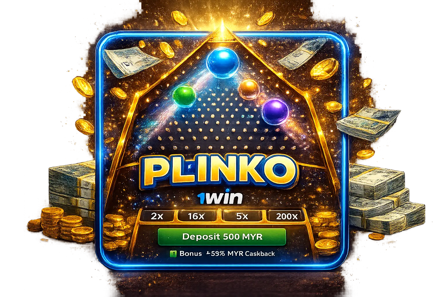 1win Plinko game icon with glowing board, colorful balls and multiplier slots in official style