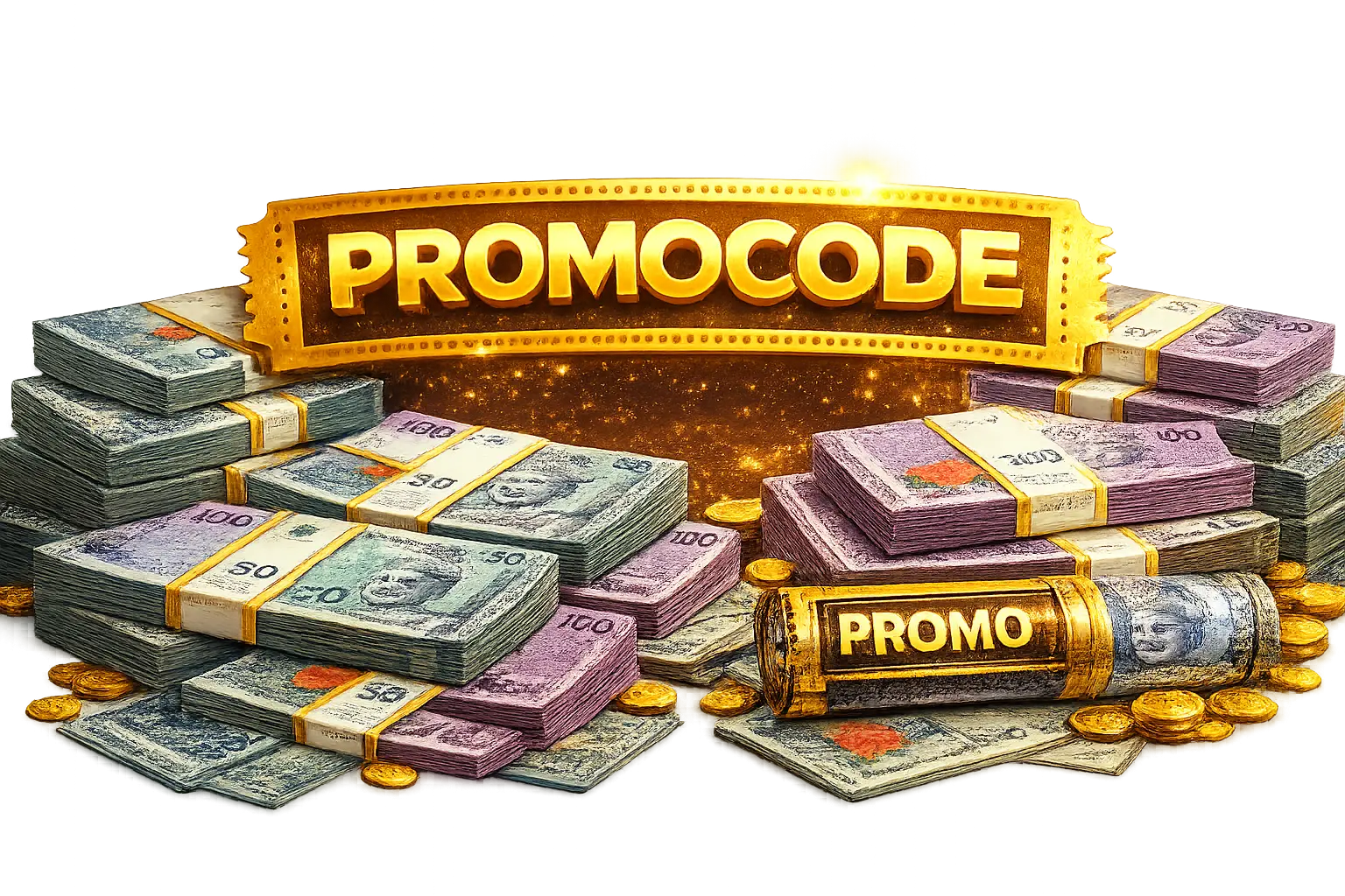 1win Malaysia promo code banner with large golden promocode text and stacks of Malaysian ringgit cash around it