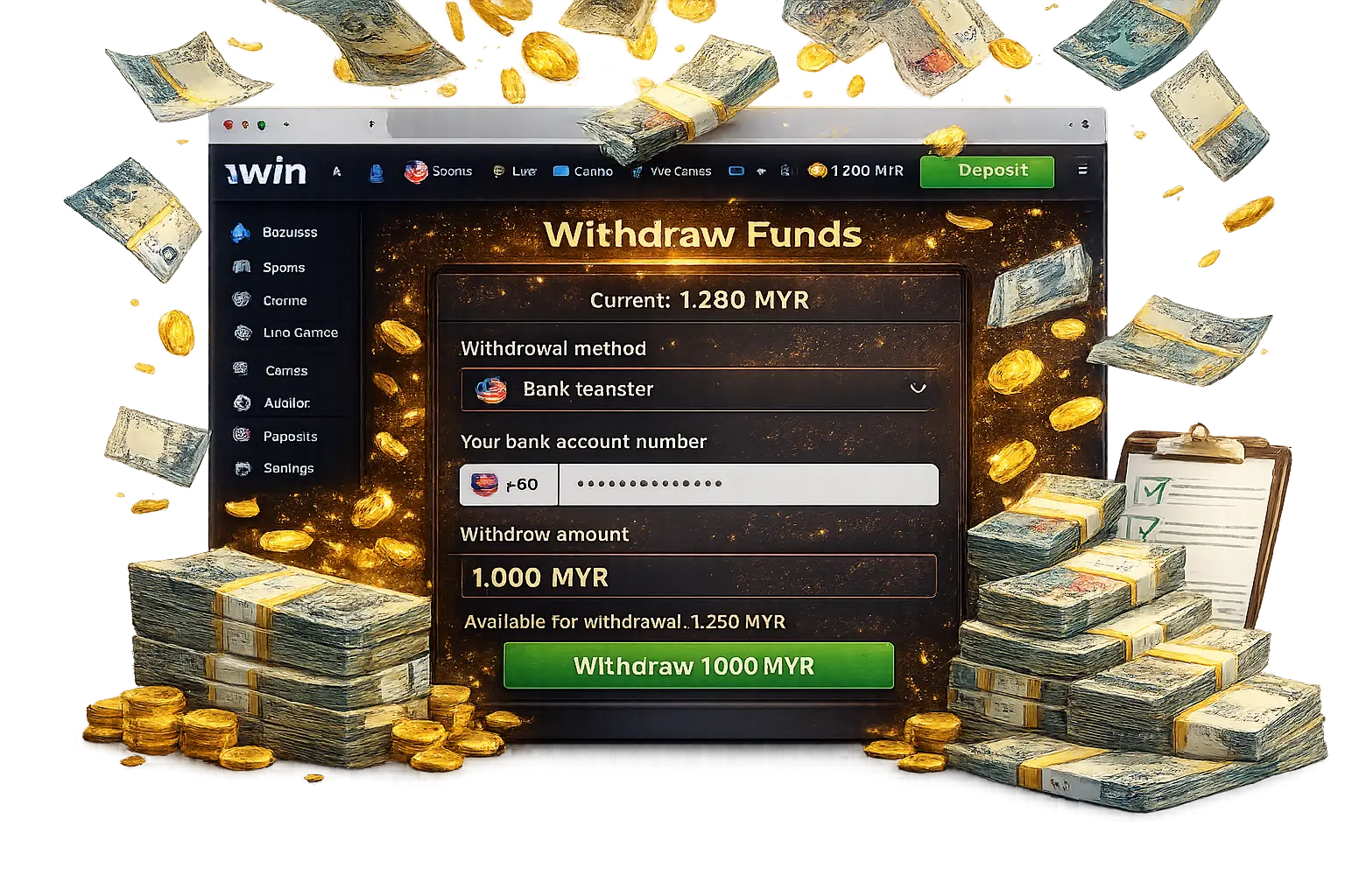1win Malaysia withdrawal page interface with falling money and MYR banknotes showing cash out form and withdraw button